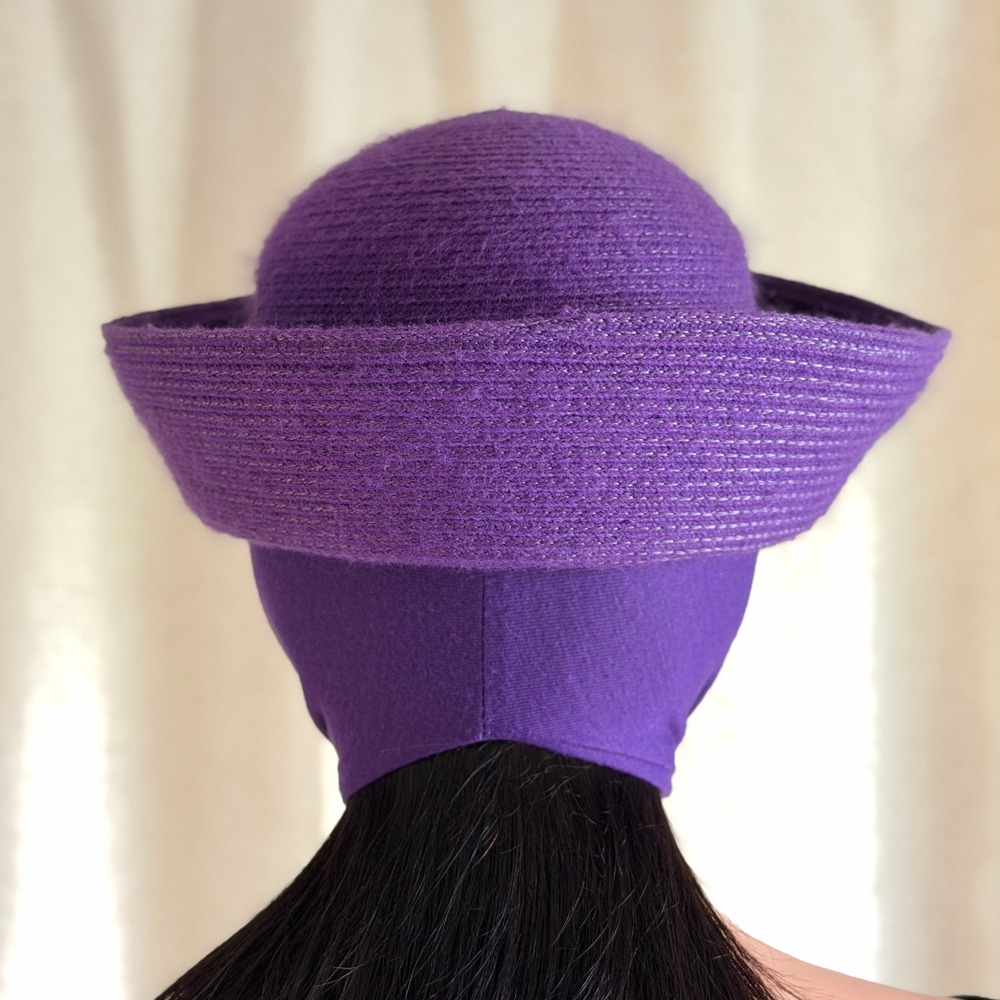 Vtg Y2K Bollman Purple Woven Straw Bucket Hat Attached Scarf Tie 60s Mod Cloche - Picture 5 of 8